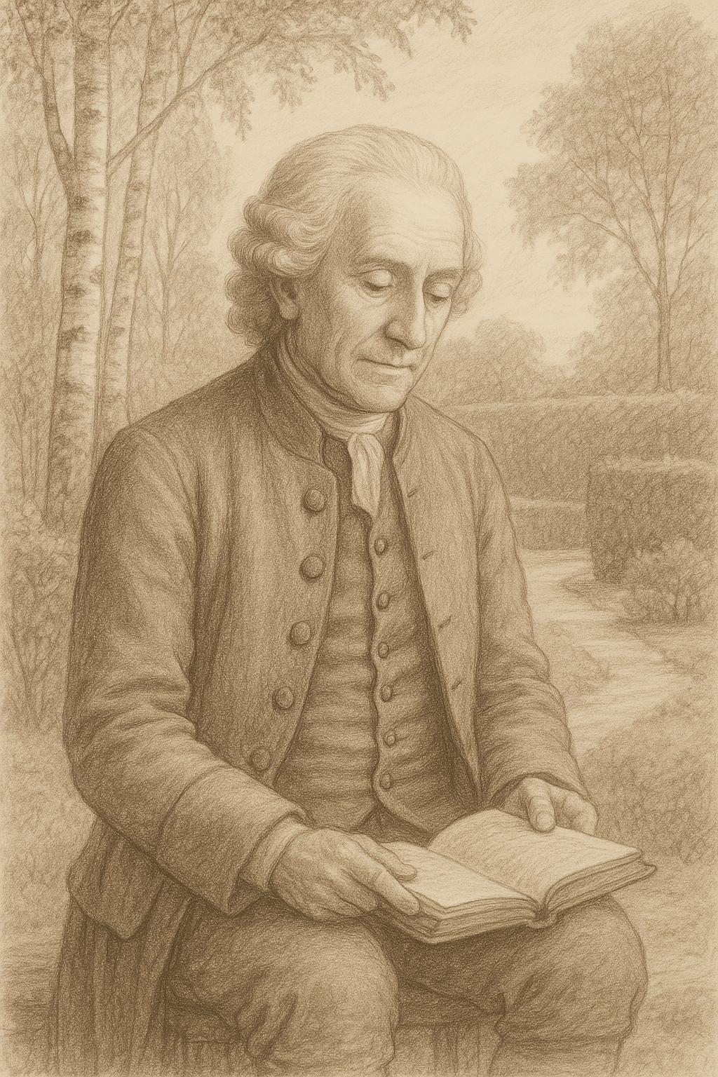 Portrait illustration of Emanuel Swedenborg reading